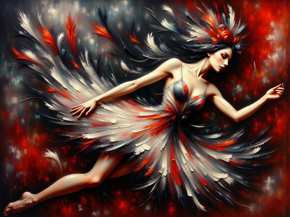 Abstract Painting of Woman in Feathered Dress