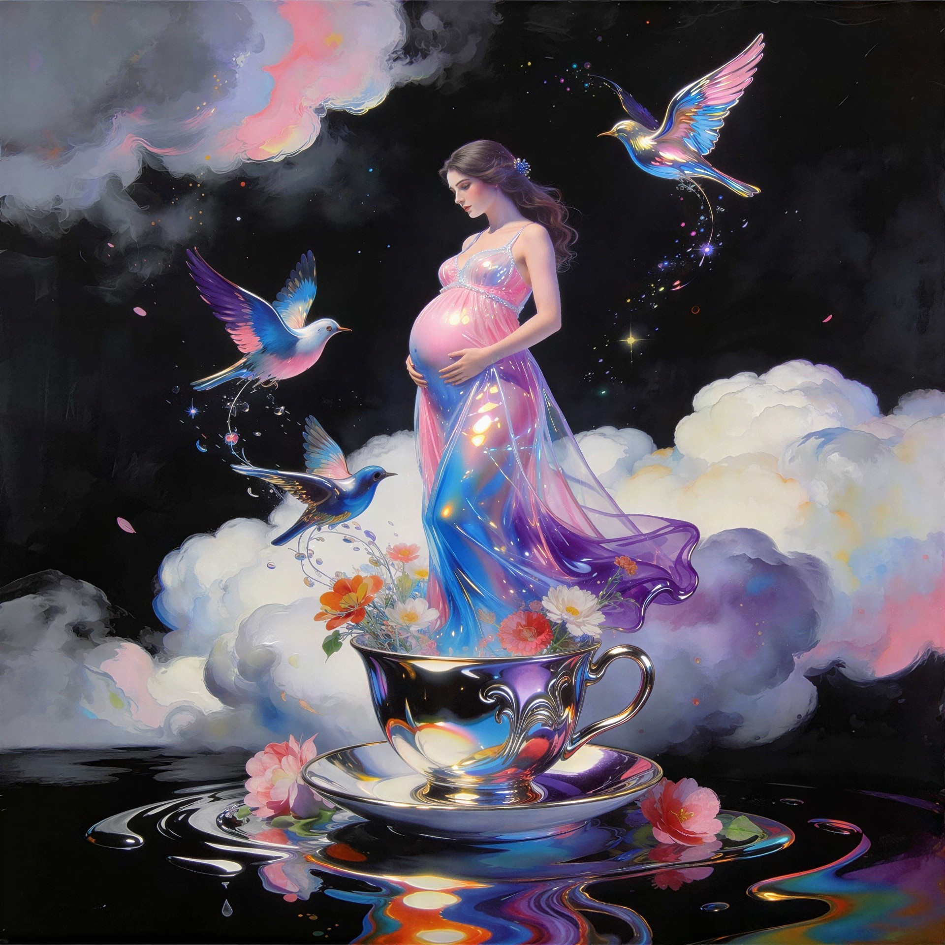 Pregnant Woman in Iridescent Gown in Teacup Setting