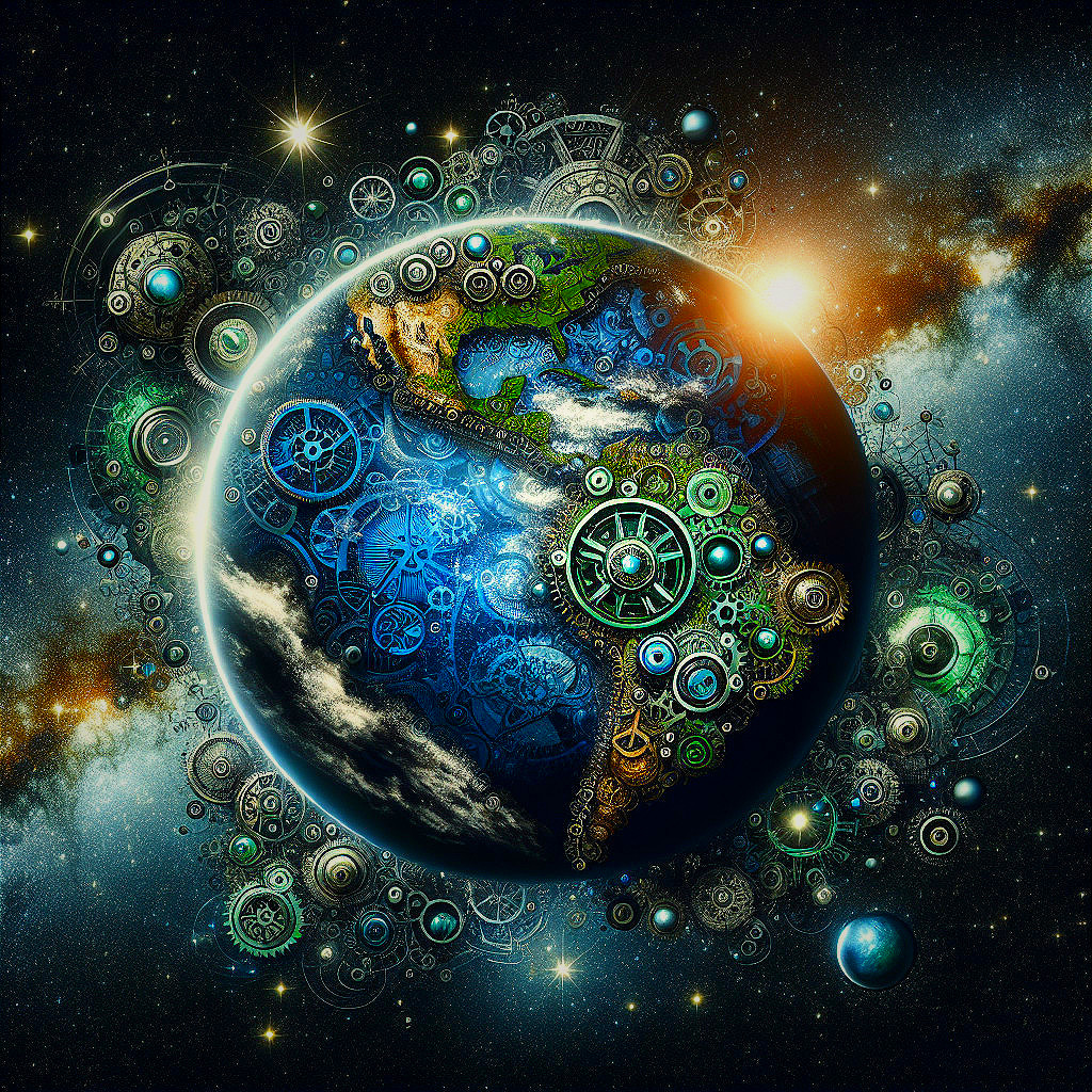 Earth Surrounded by Cosmic Backdrop and Gears