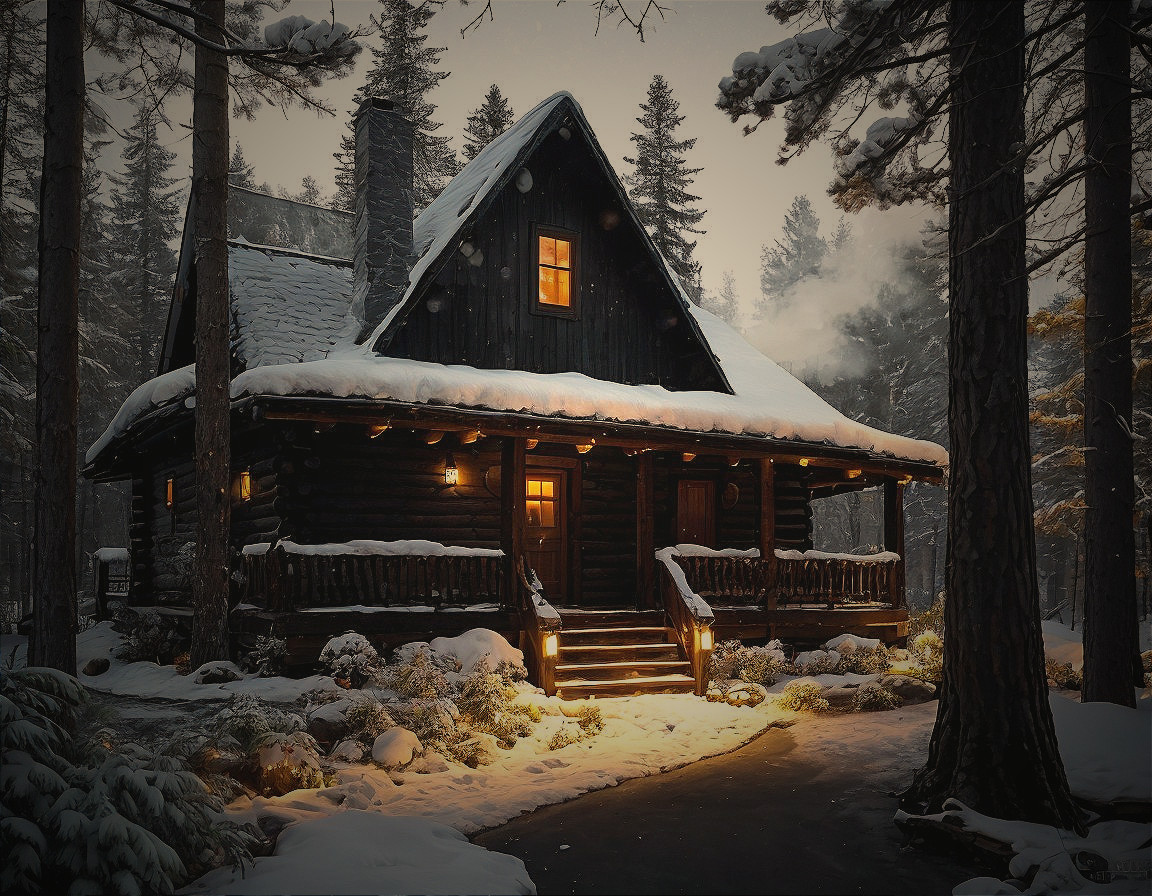 Cozy Wooden Cabin in a Snowy Forest Setting