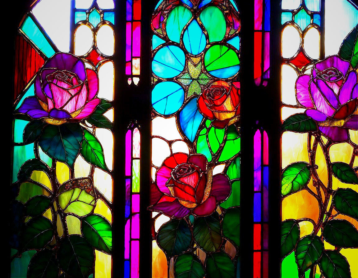 Vibrant Stained Glass Window with Rose Motifs