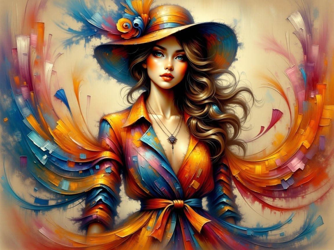 Vibrant Abstract Art of a Woman with Colorful Hat