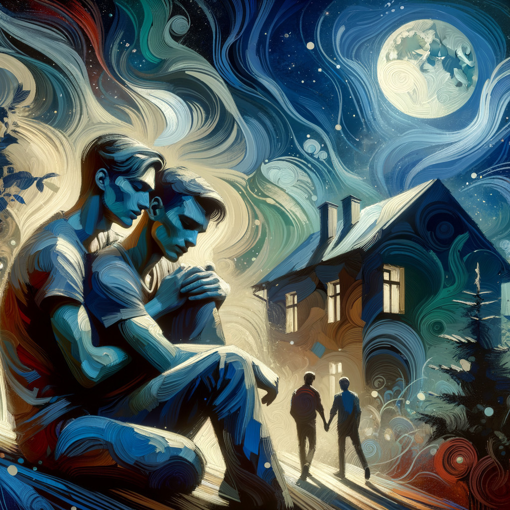 Surreal Night Landscape with Figures and Moonlight