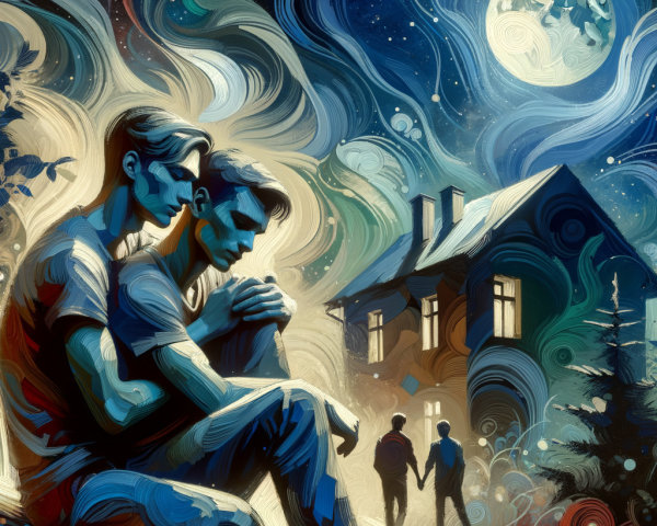 Surreal Night Landscape with Figures and Moonlight
