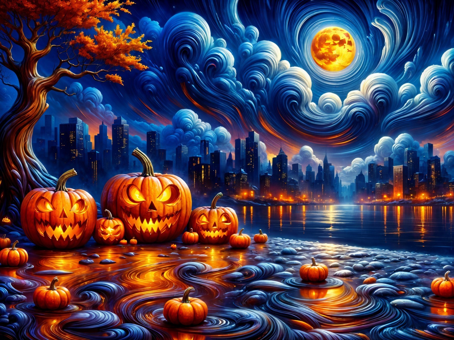 Vibrant Halloween Scene with Pumpkins and Moonlight