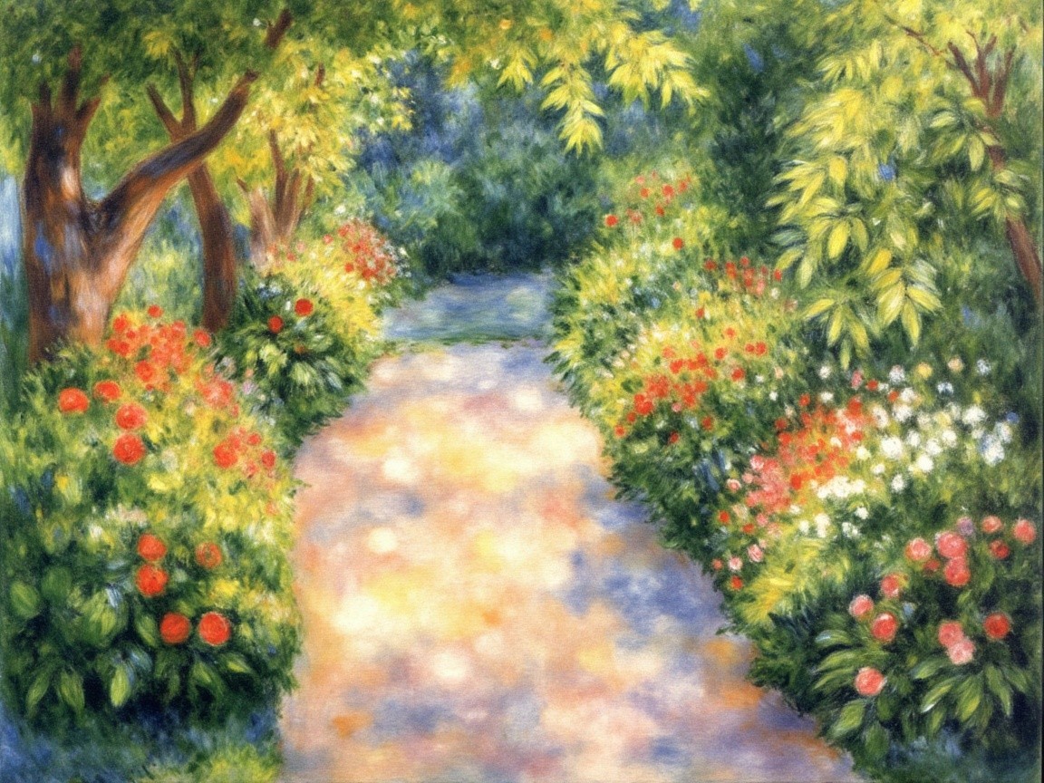 Serene Garden Pathway Surrounded by Vibrant Greenery