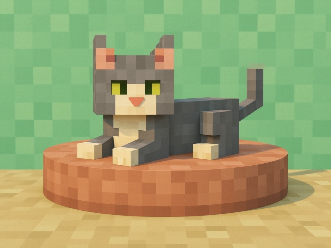 Pixelated cat model on wooden platform with green background