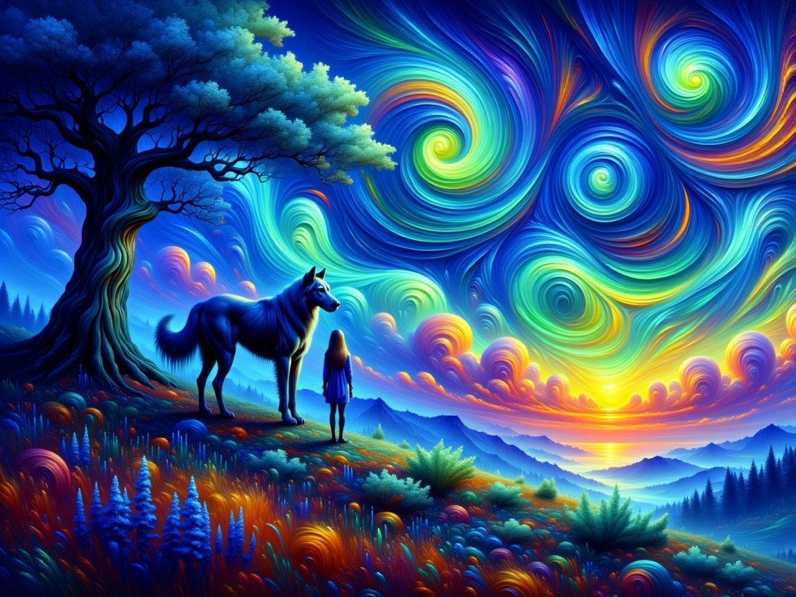 Vibrant landscape with girl and horse under swirling sky
