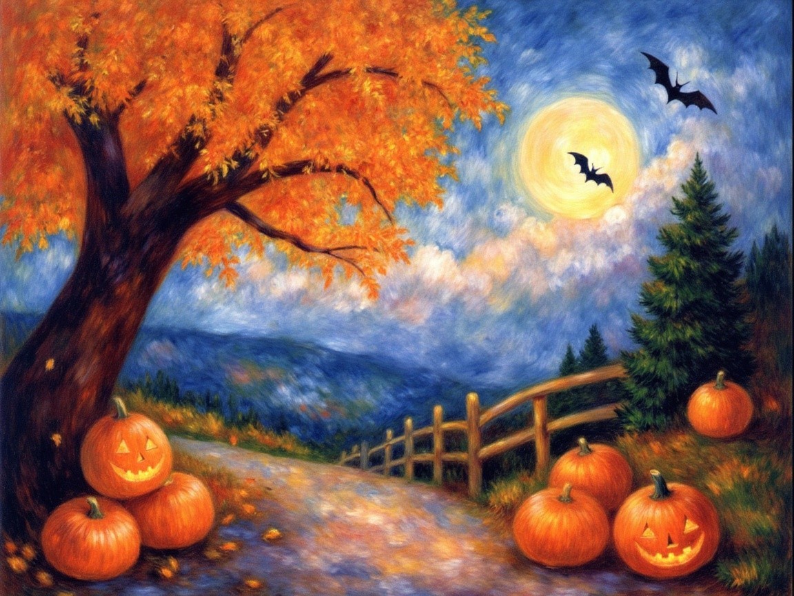 Autumn Landscape with Orange Leaves and Pumpkins