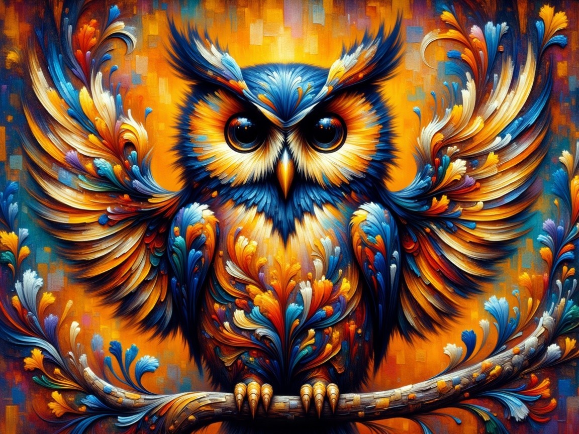 Vibrant Stylized Owl with Colorful Feather Patterns