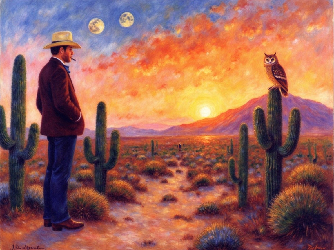 Cowboy in Desert at Sunset with Cacti and Moons