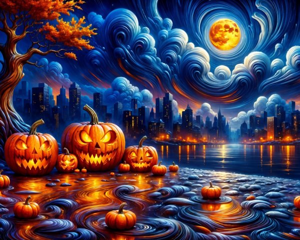 Vibrant Halloween Scene with Pumpkins and Moonlight