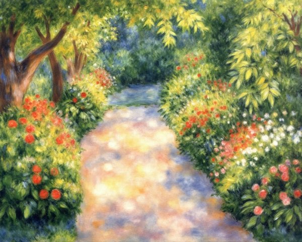 Serene Garden Pathway Surrounded by Vibrant Greenery