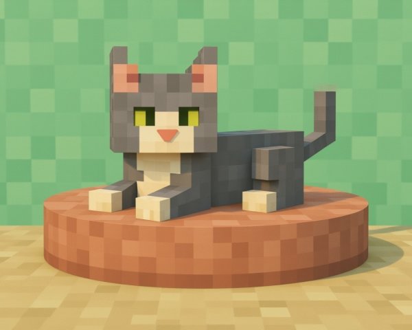 Pixelated cat model on wooden platform with green background