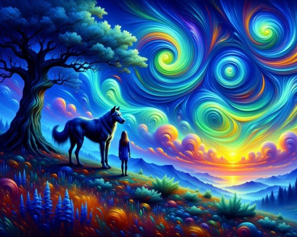 Vibrant landscape with girl and horse under swirling sky
