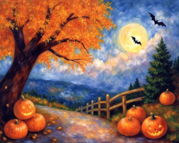 Autumn Landscape with Orange Leaves and Pumpkins