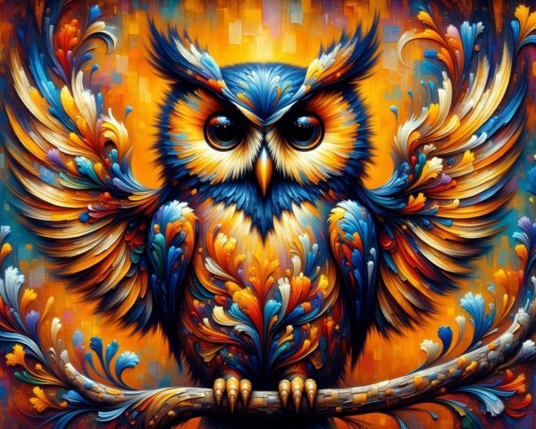 Vibrant Stylized Owl with Colorful Feather Patterns