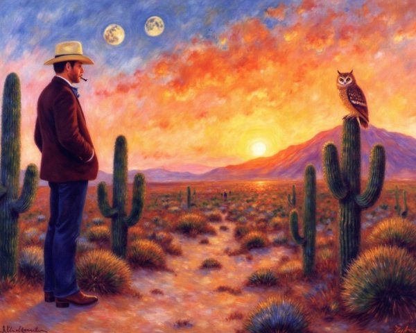 Cowboy in Desert at Sunset with Cacti and Moons