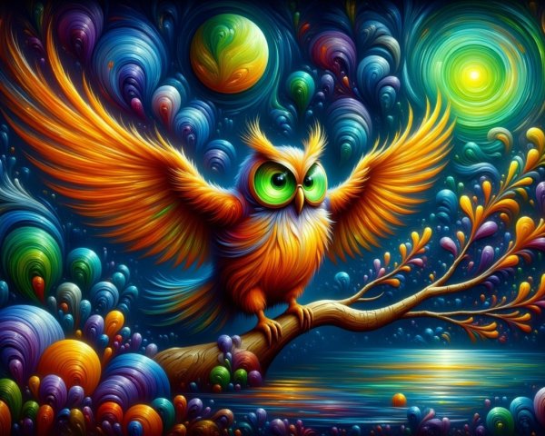 Whimsical Owl on Branch Against Colorful Night Sky