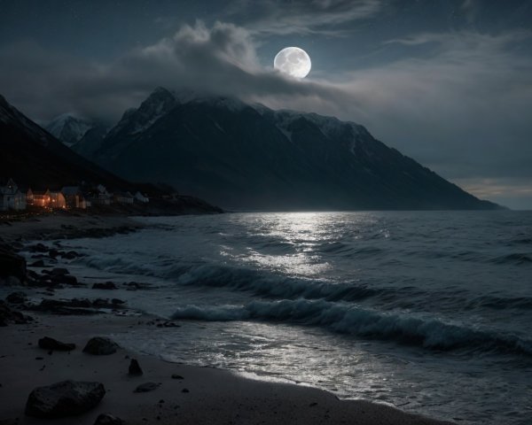 Tranquil Night Scene with Full Moon Over Ocean