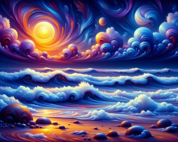 Vibrant Sunset Over Dynamic Waves and Starry Sky
