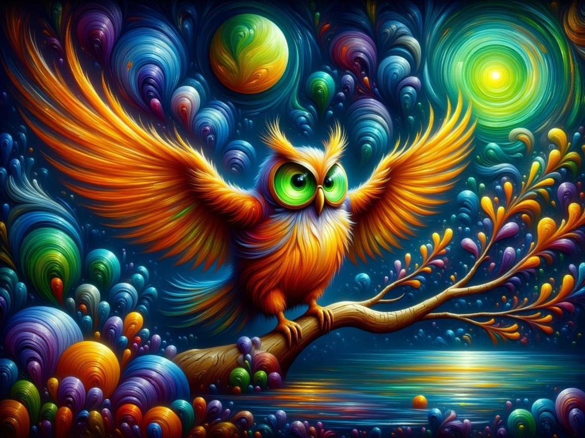 Whimsical Owl on Branch Against Colorful Night Sky