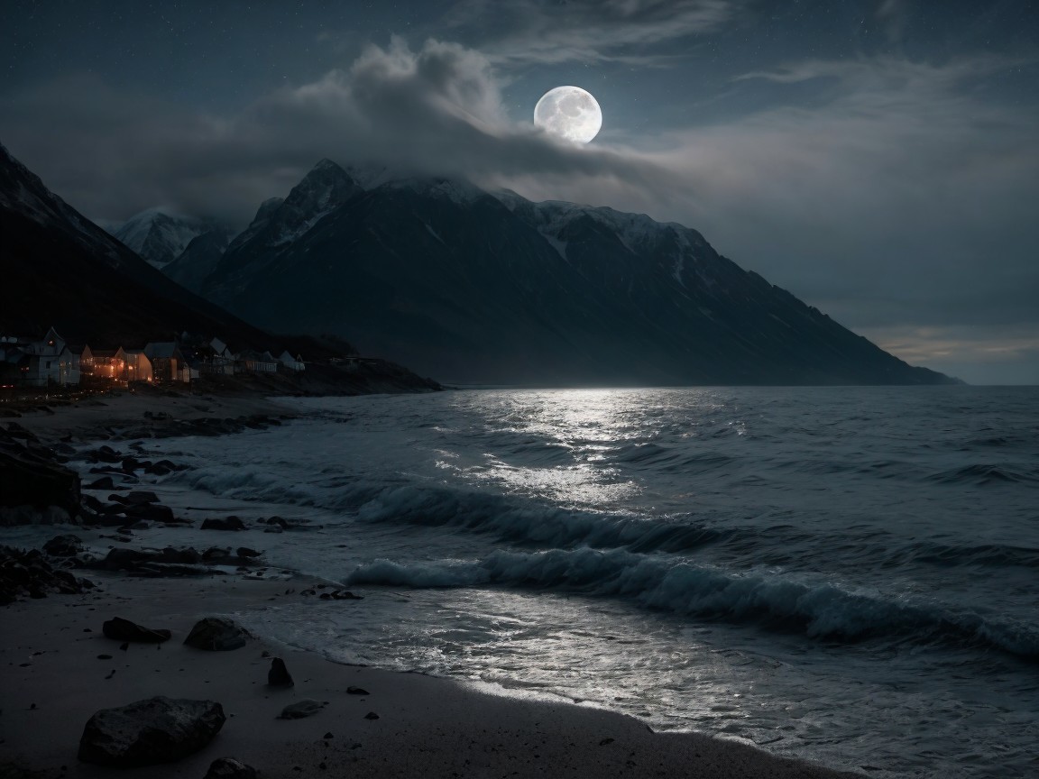 Tranquil Night Scene with Full Moon Over Ocean