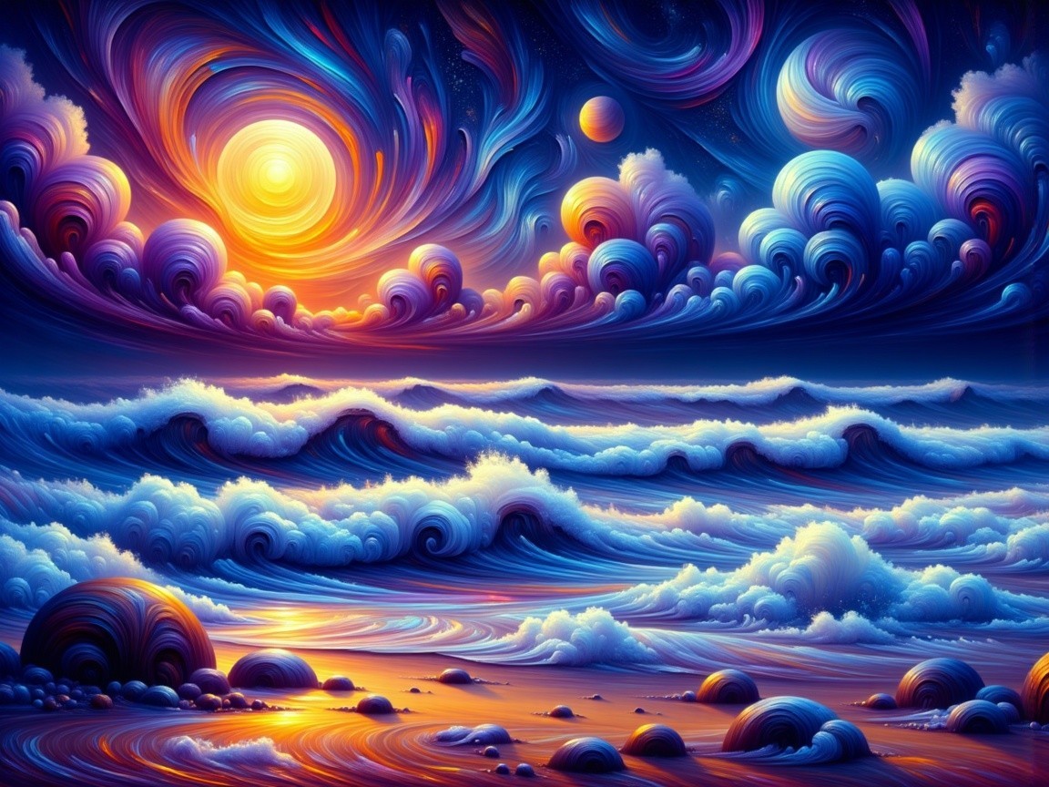 Vibrant Sunset Over Dynamic Waves and Starry Sky