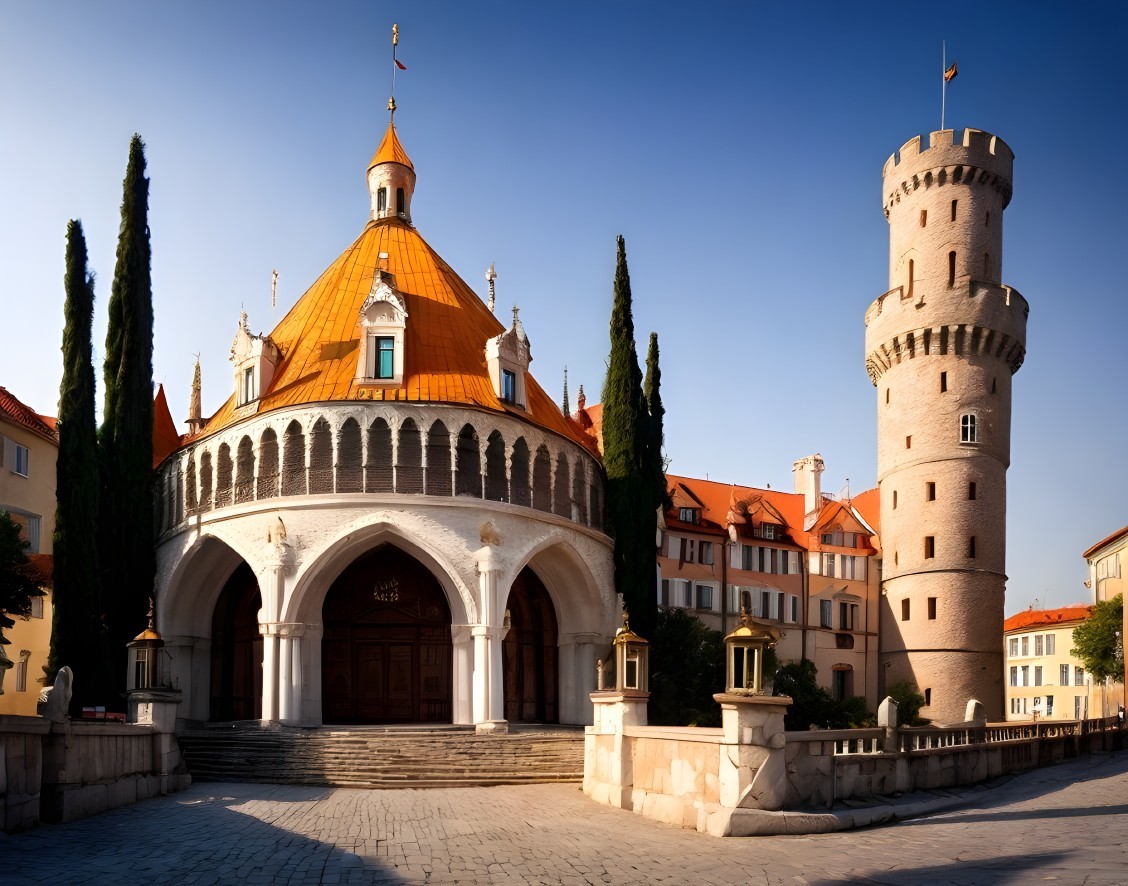 Architectural Scene with Round Building and Orange Dome