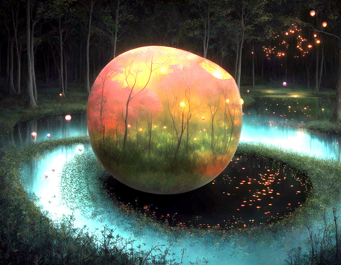 Surreal landscape with glowing orb over reflective water