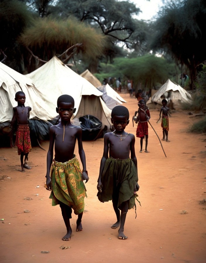 Children Walking on a Sunlit Path in Community Setting