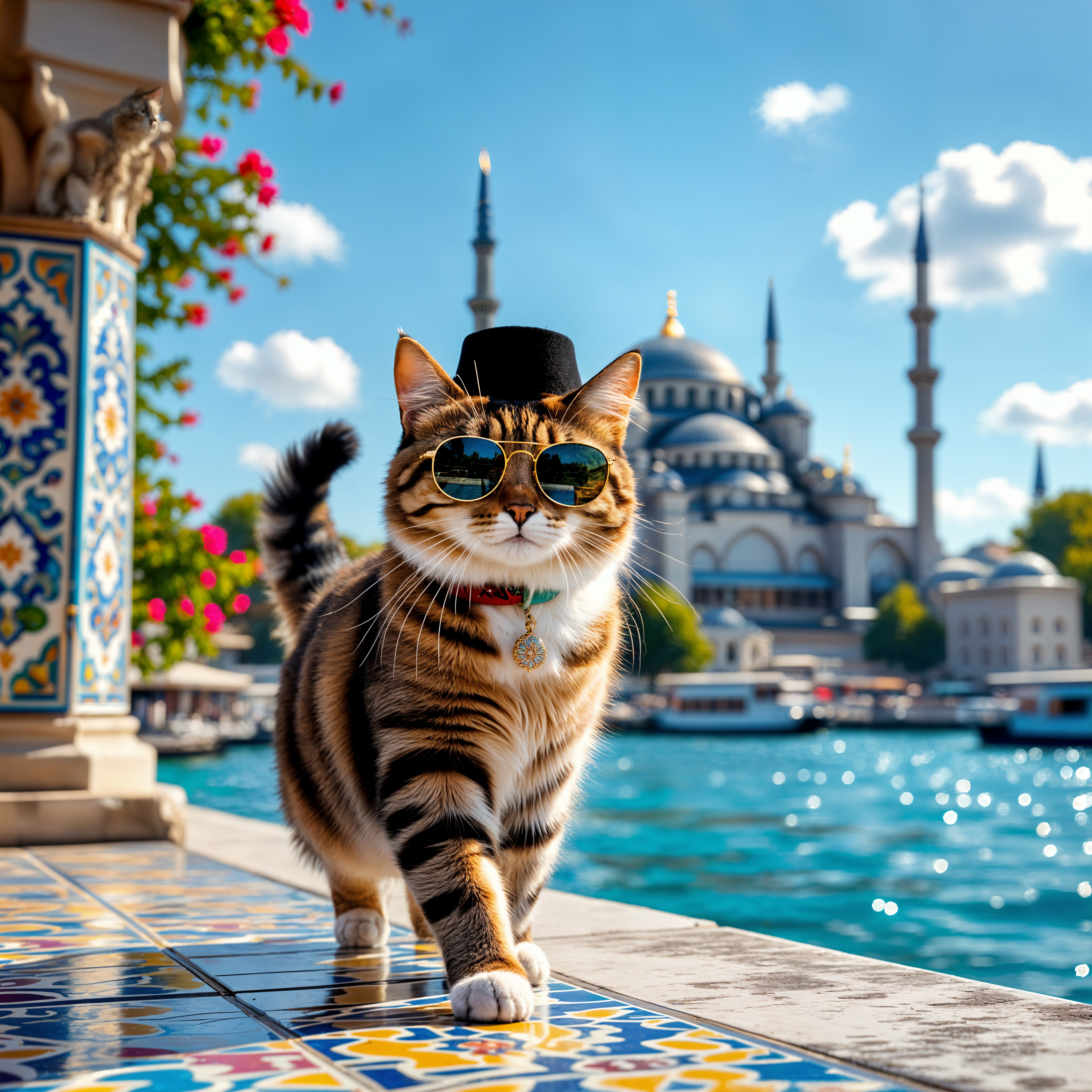 Stylish Cat by Scenic Waterfront with Mosque Backdrop