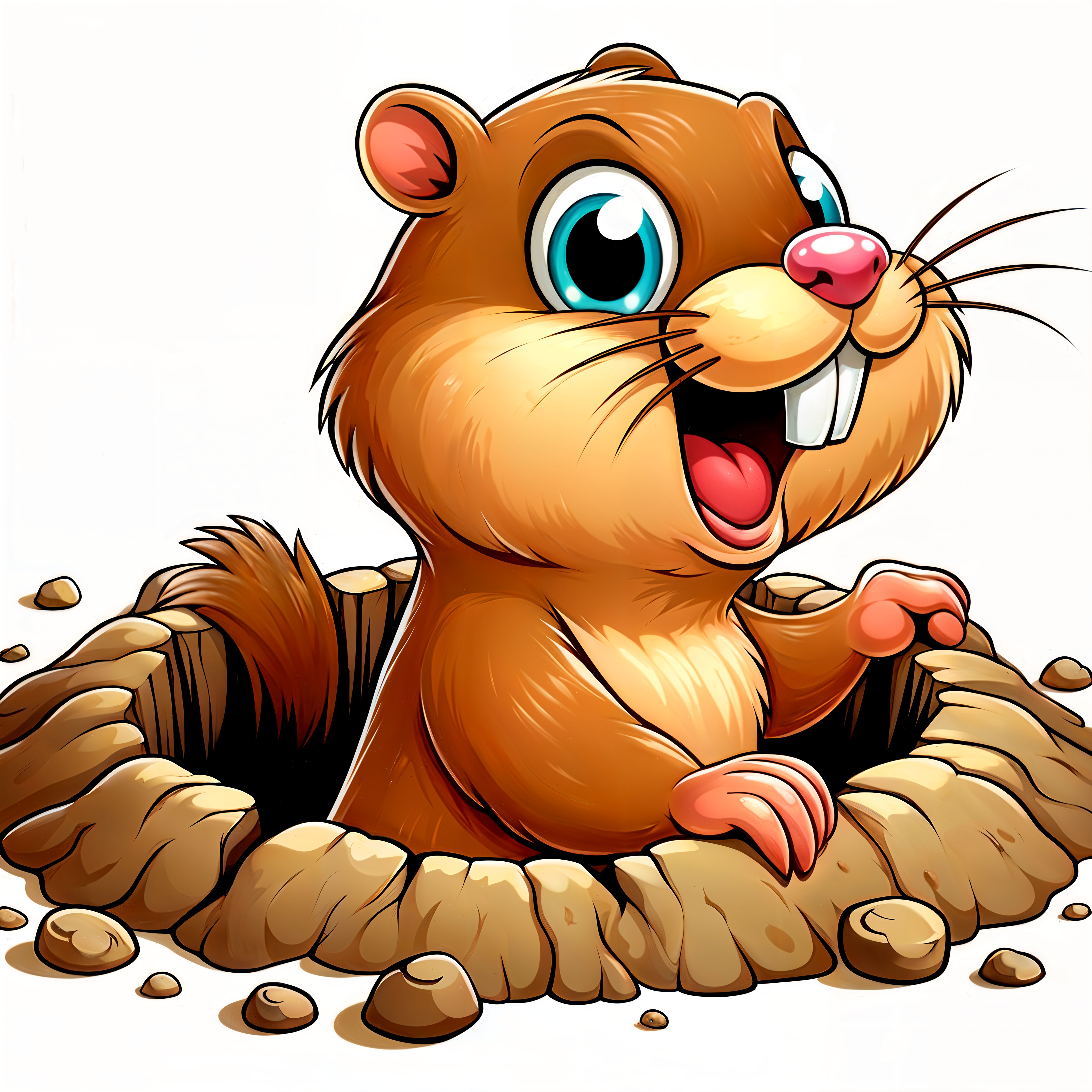 Cheerful cartoon groundhog peeking from burrow