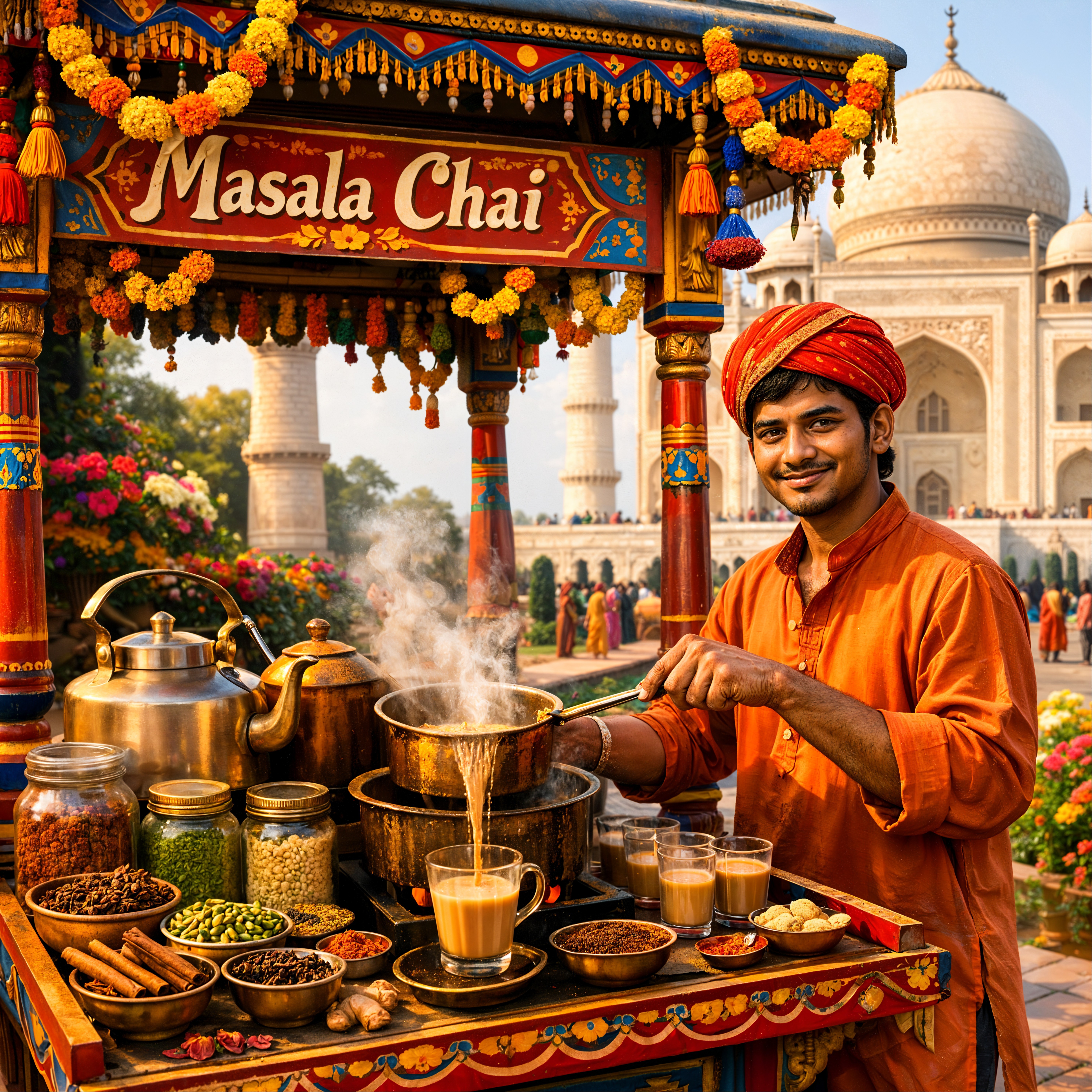 Indian Man Prepares Masala Chai at Street Stall