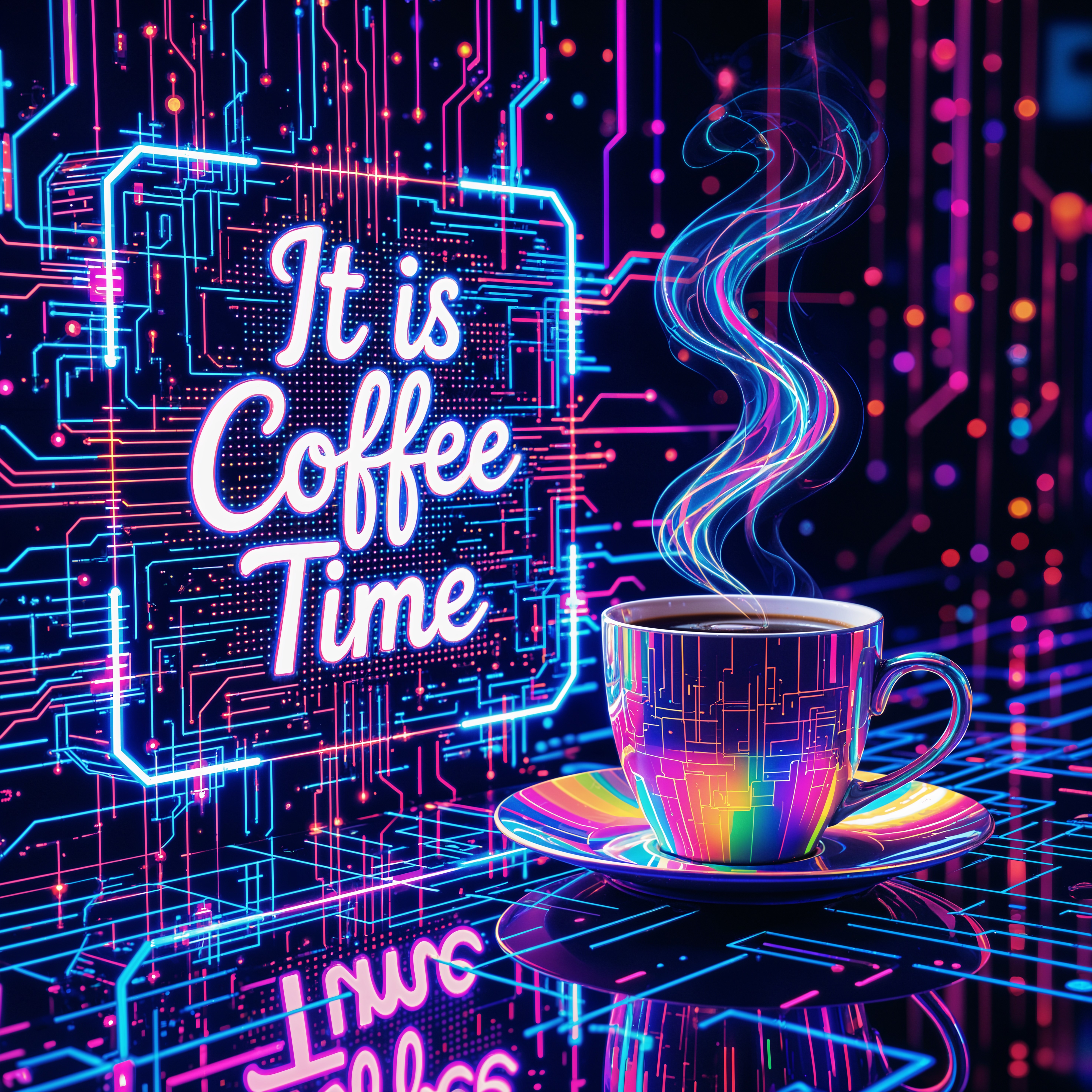 Vibrant Digital Scene of Coffee Cup with Neon Elements