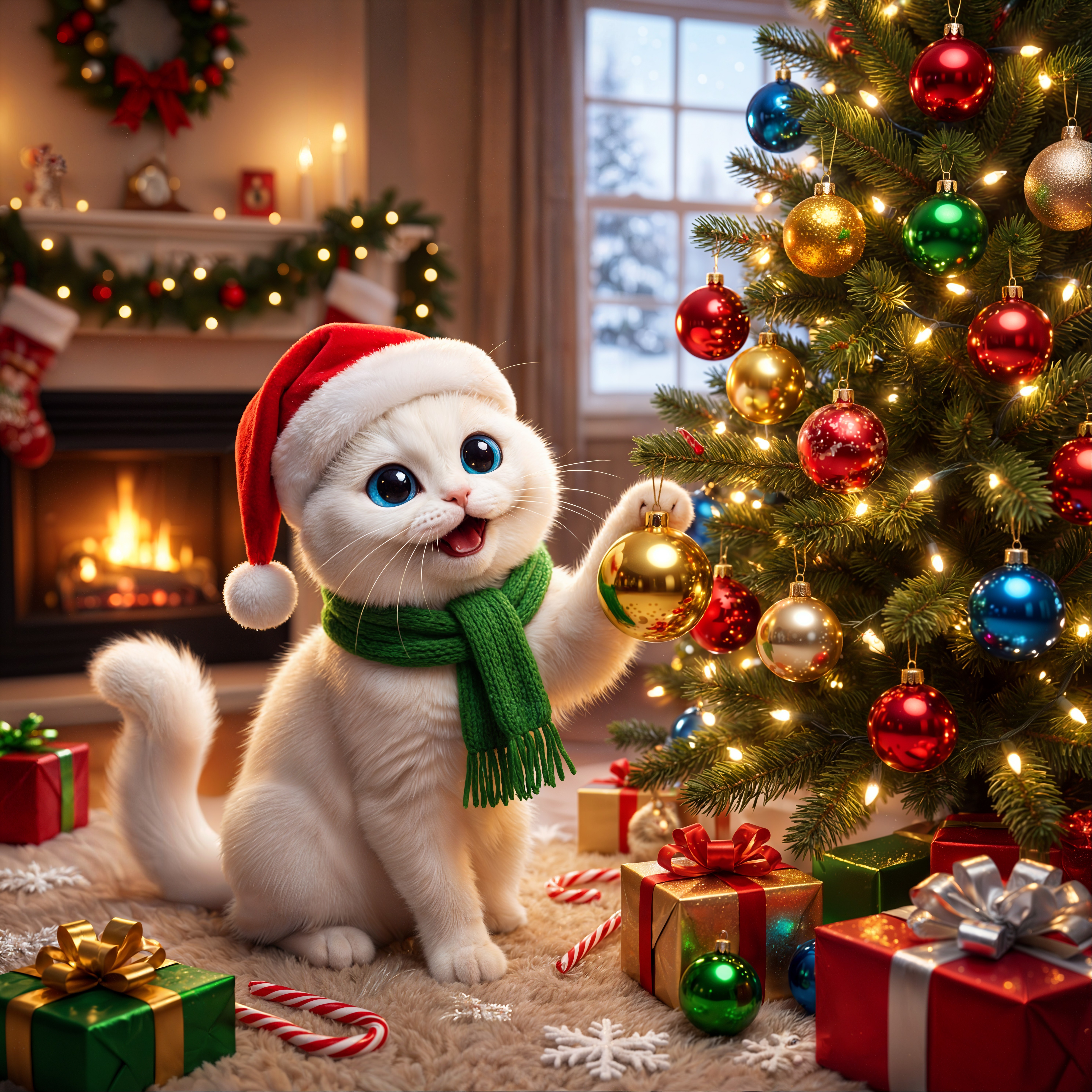 Fluffy Kitten with Santa Hat Near Christmas Tree