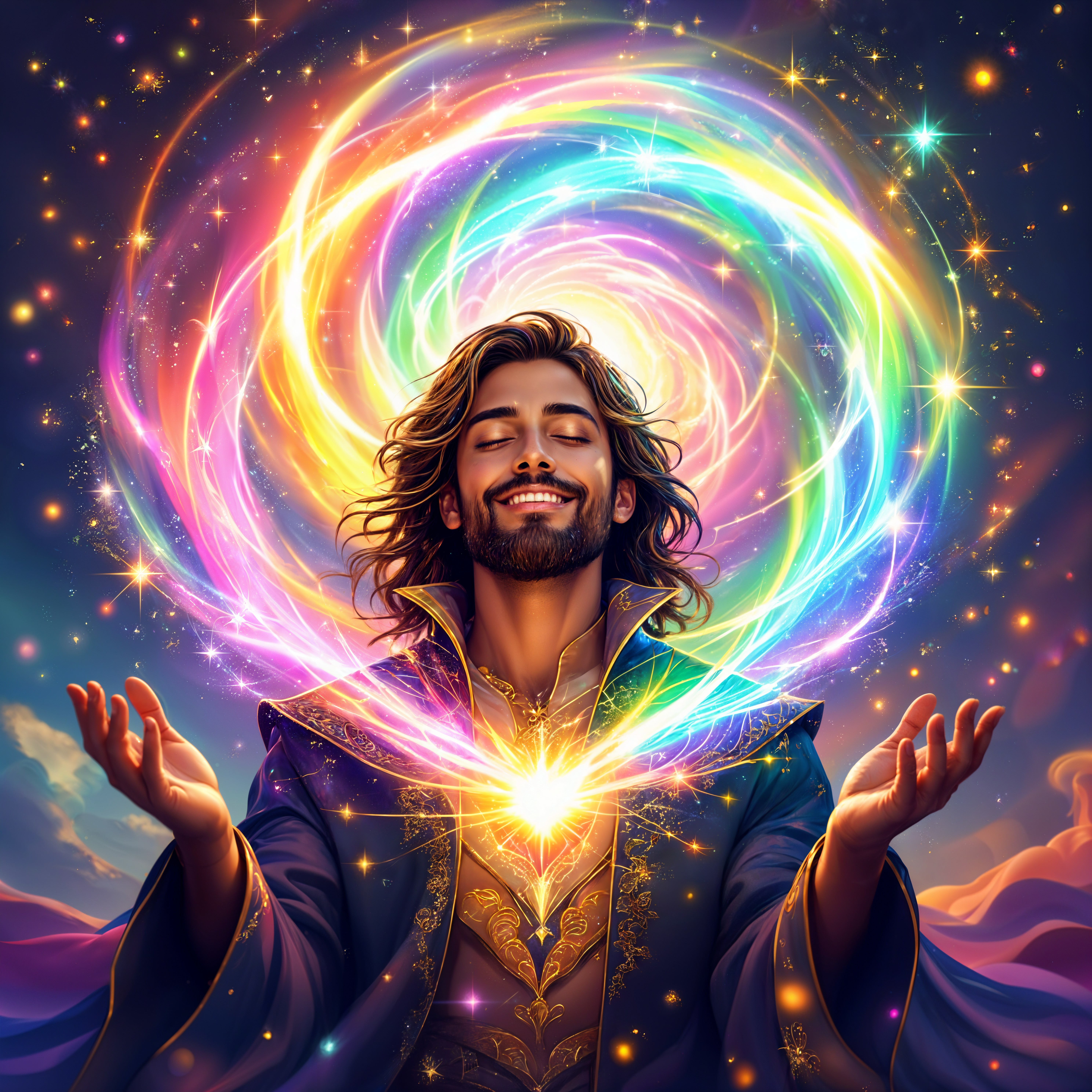 Charismatic Figure in Cosmic Backdrop with Vibrant Light