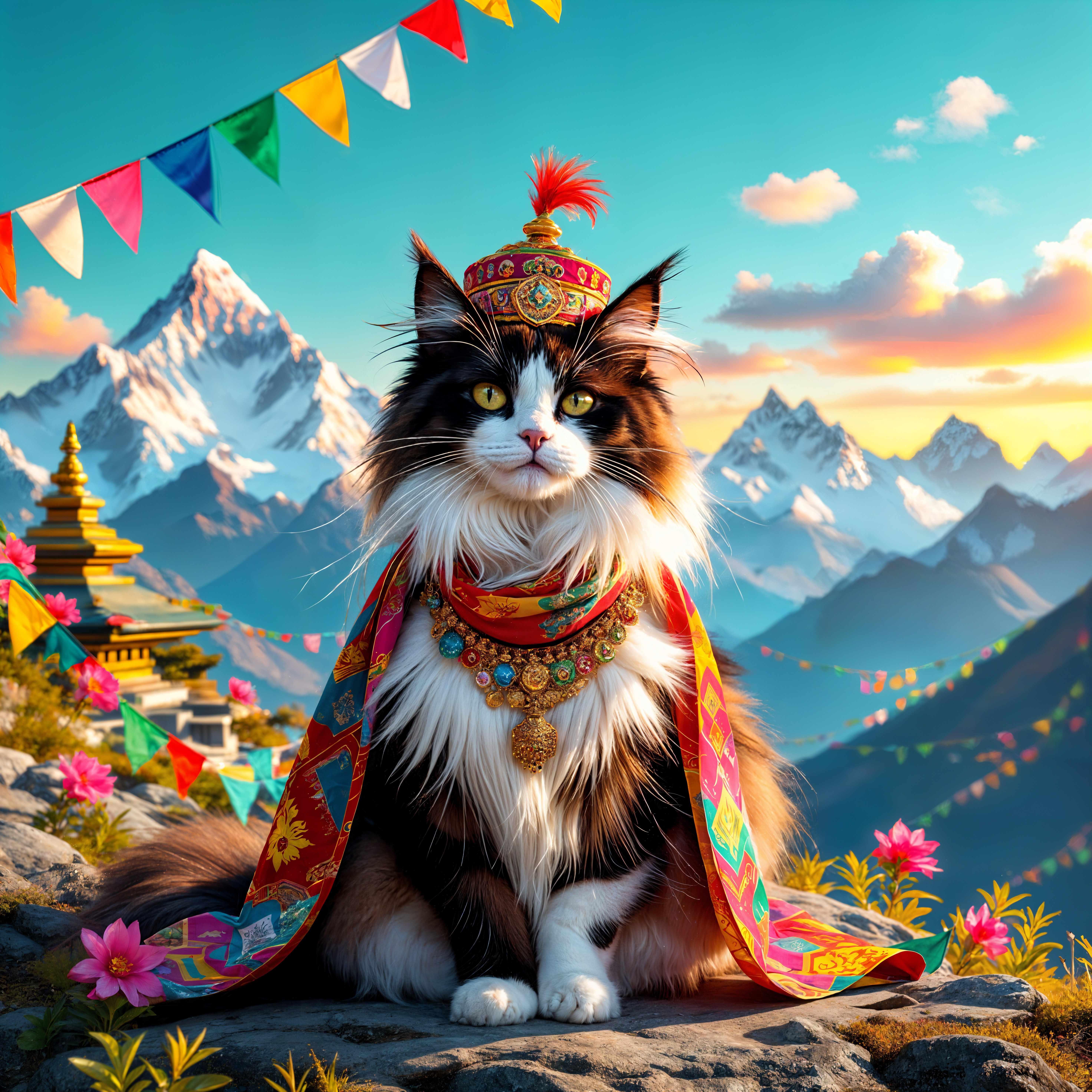 Regal Cat in Traditional Attire with Mountain Backdrop