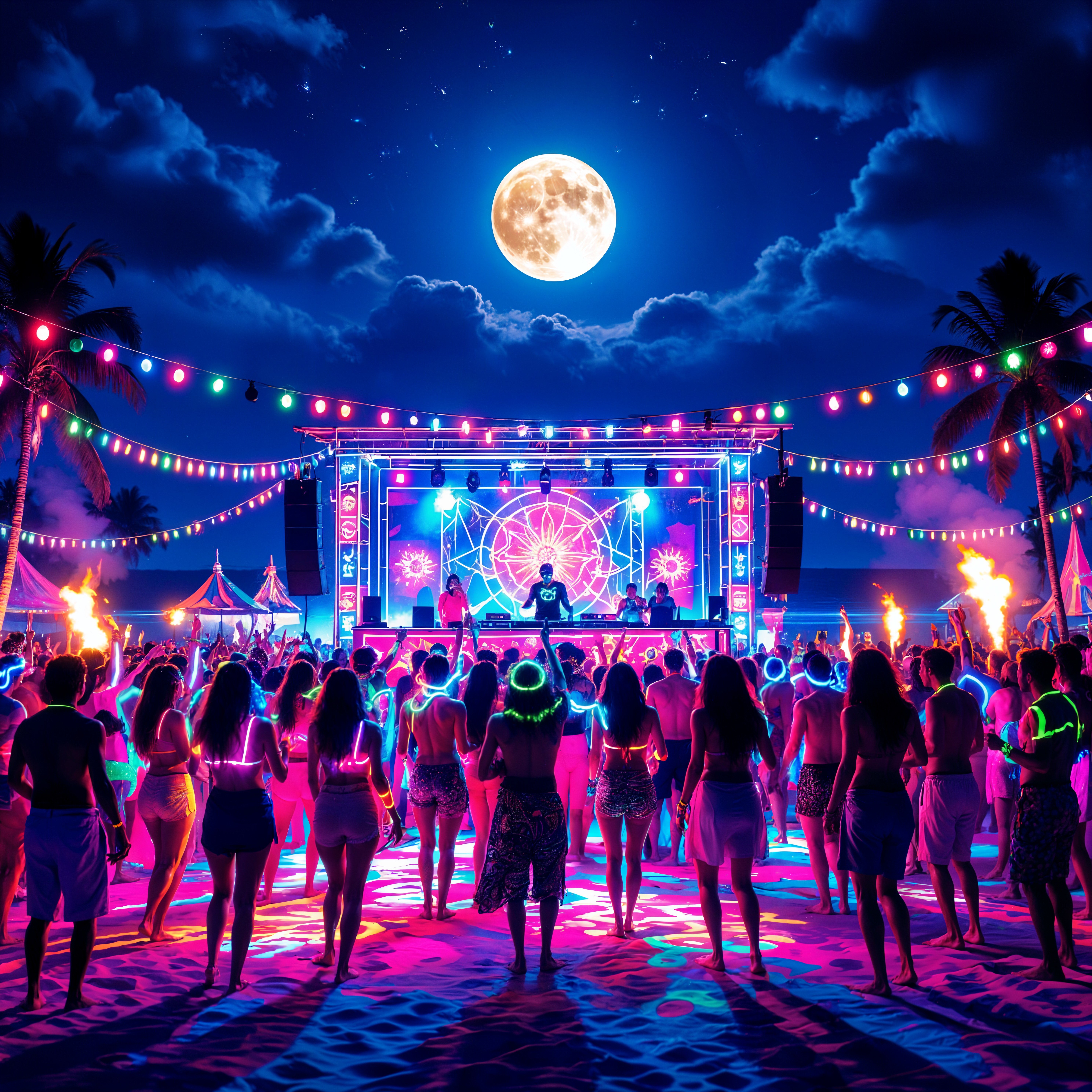 Vibrant Beach Party Scene Under Full Moon and Lights