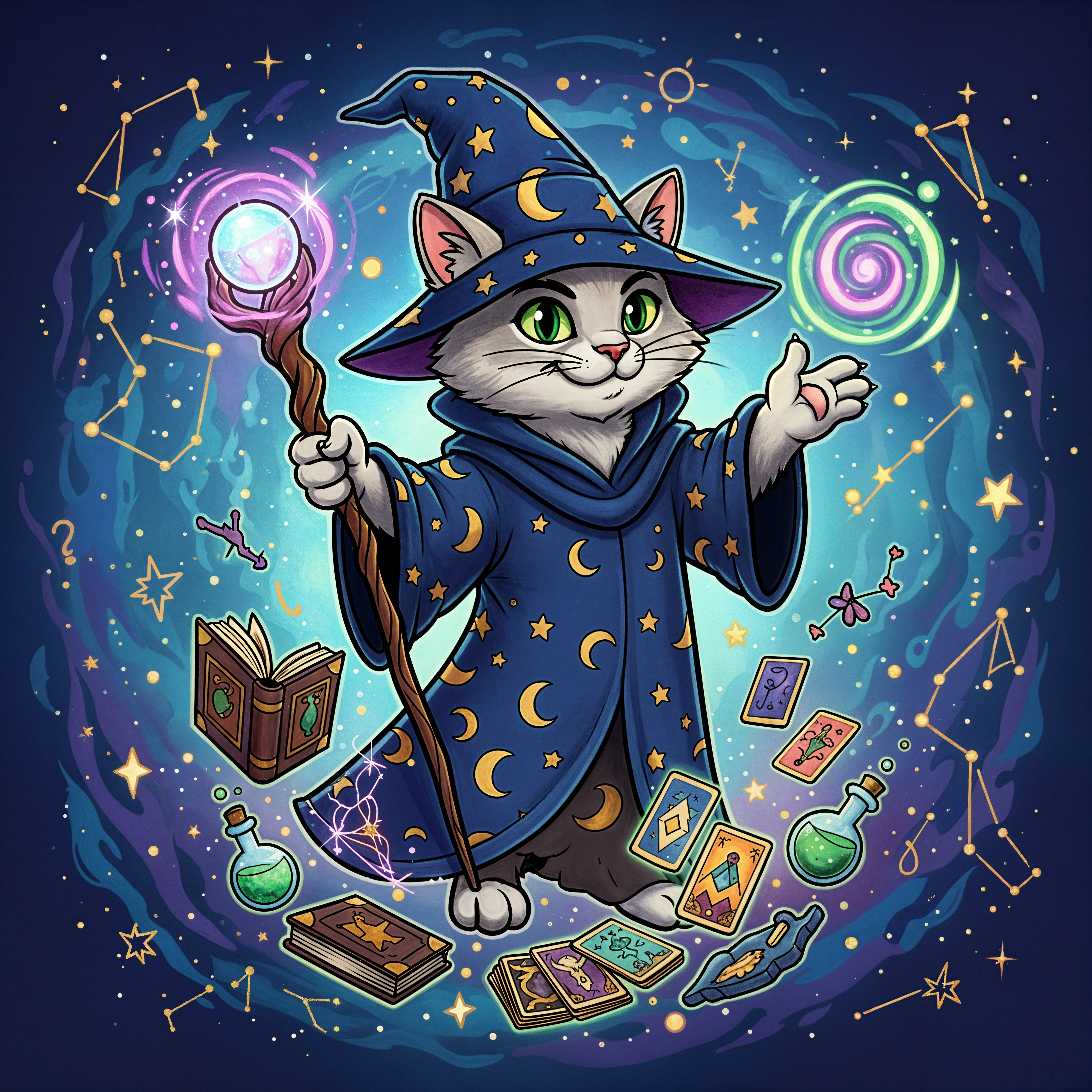 Wizard Cat in Blue Robe with Magical Elements