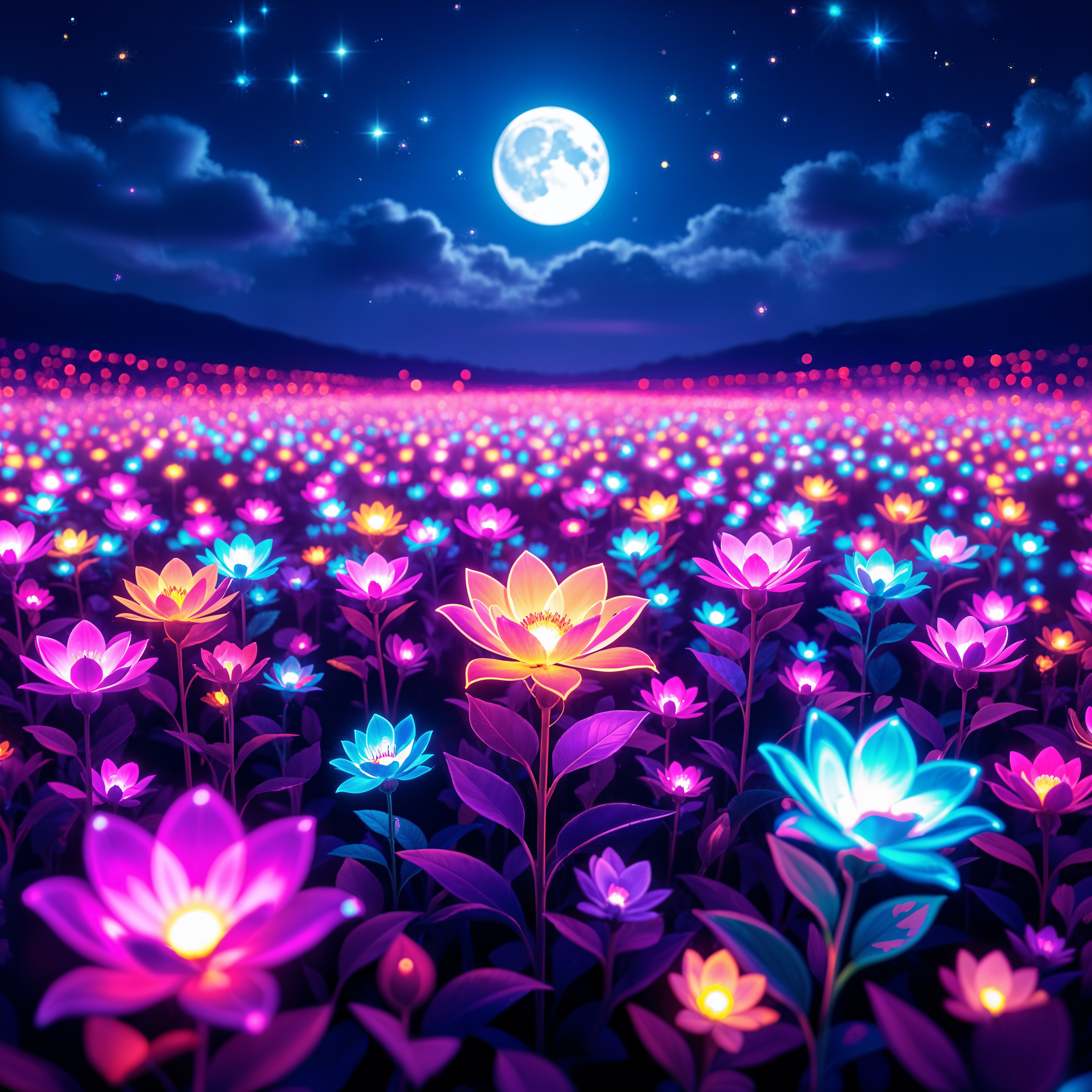 Vibrant Dreamlike Landscape with Glowing Flowers