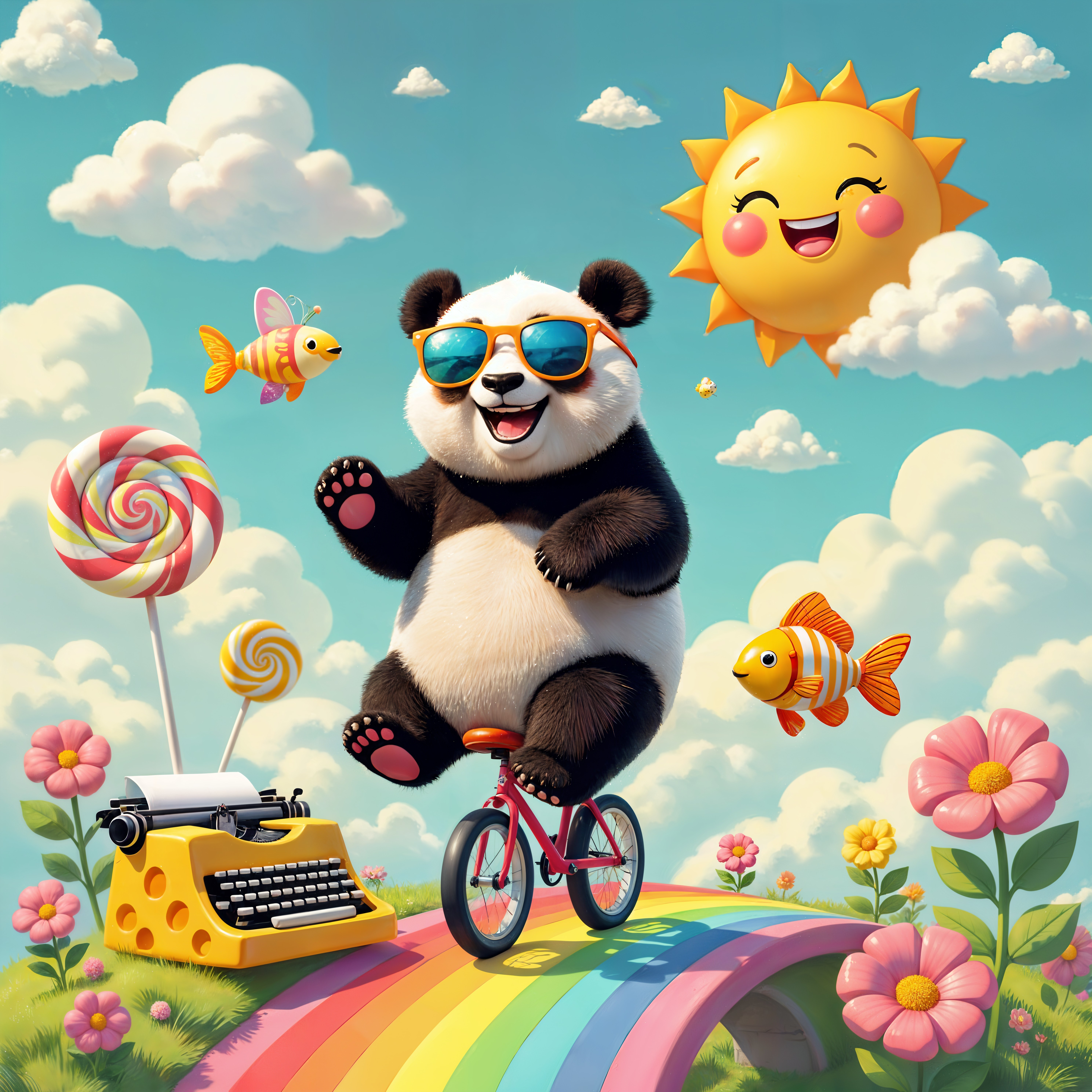 Cheerful panda on bicycle in colorful whimsical scene