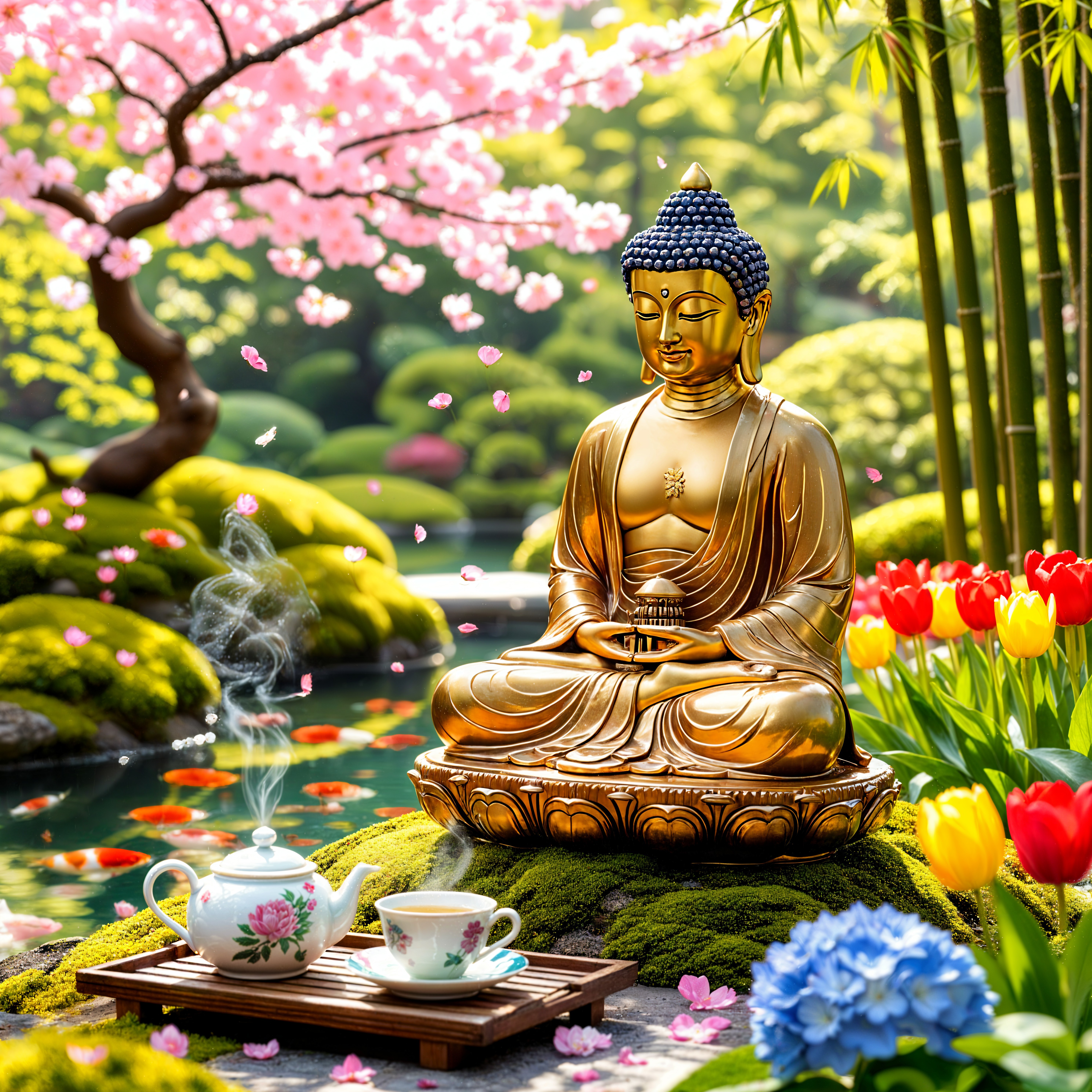 Serene Garden Scene with Buddha Statue and Flowers