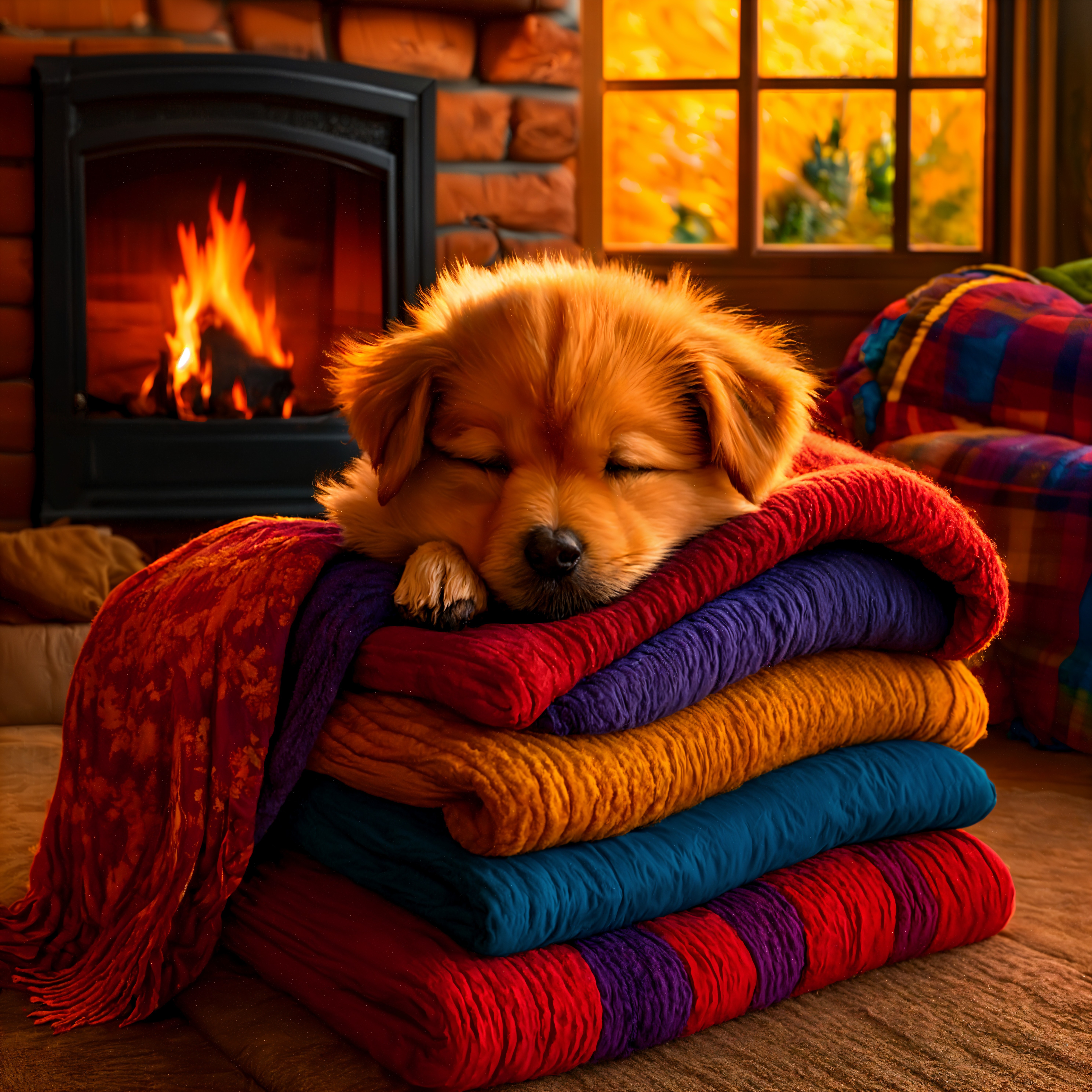 Golden puppy sleeping on cozy blankets by fireplace