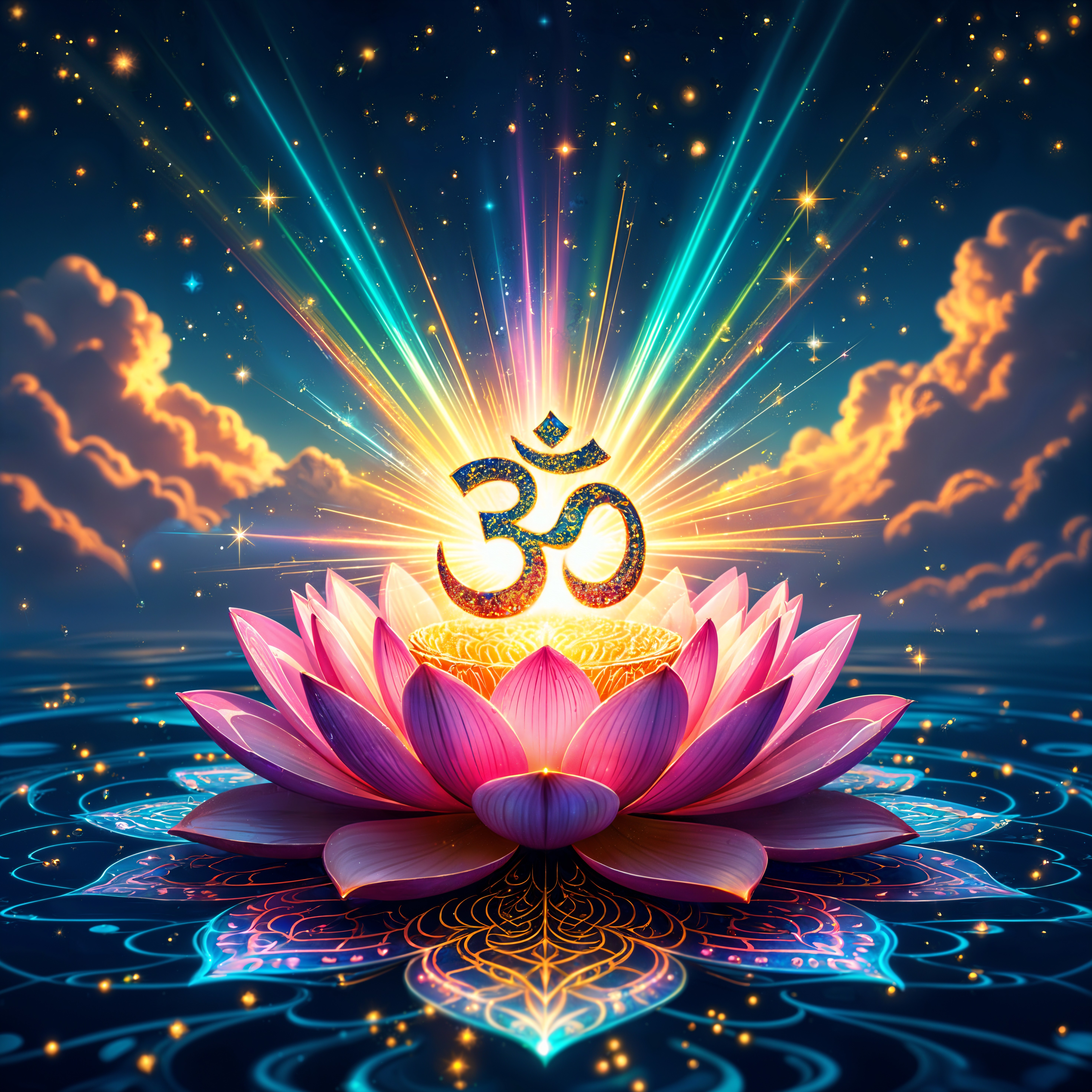 Lotus Flower and Om Symbol in Serene Water Scene