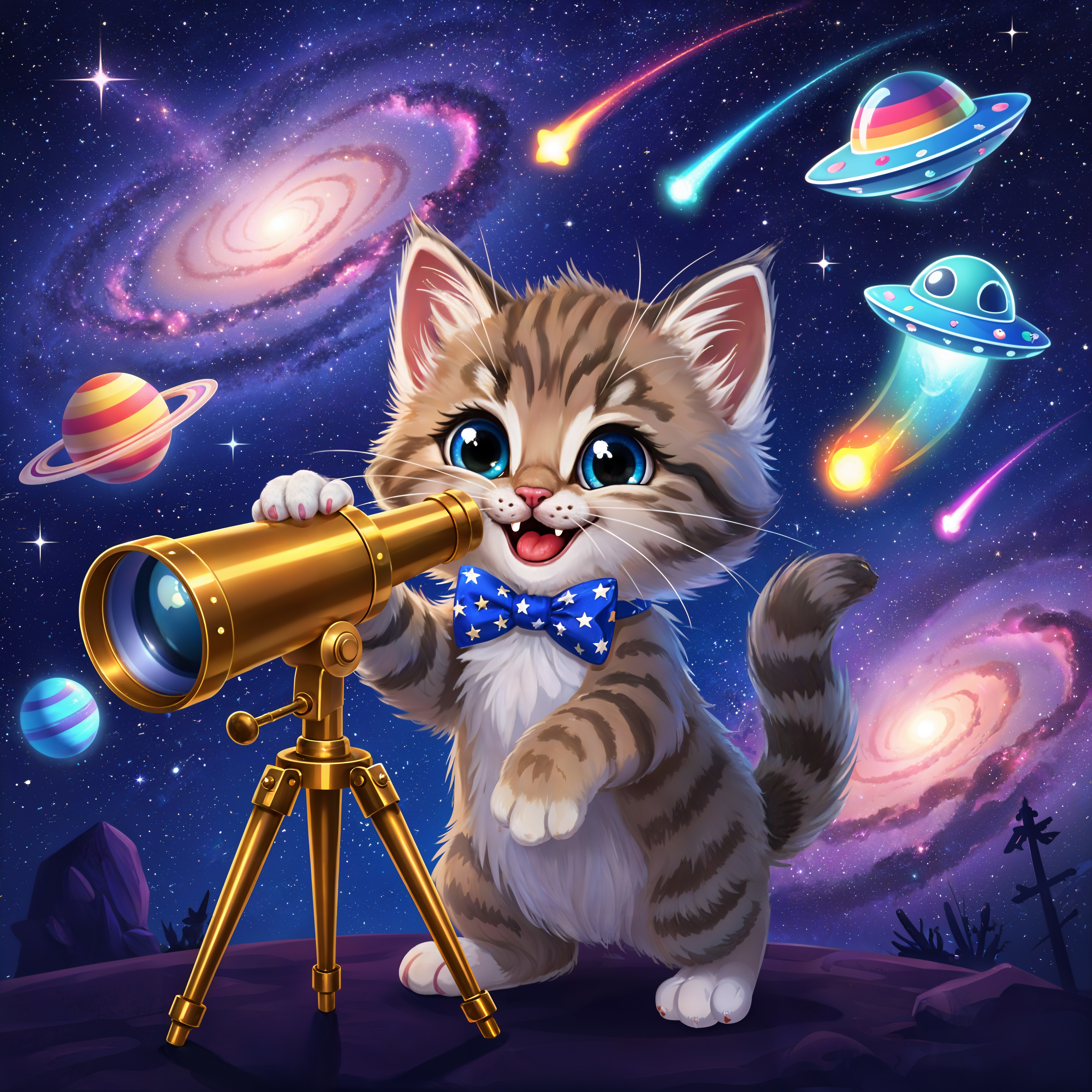 Tabby Kitten with Bow Tie and Telescope in Cosmic Scene