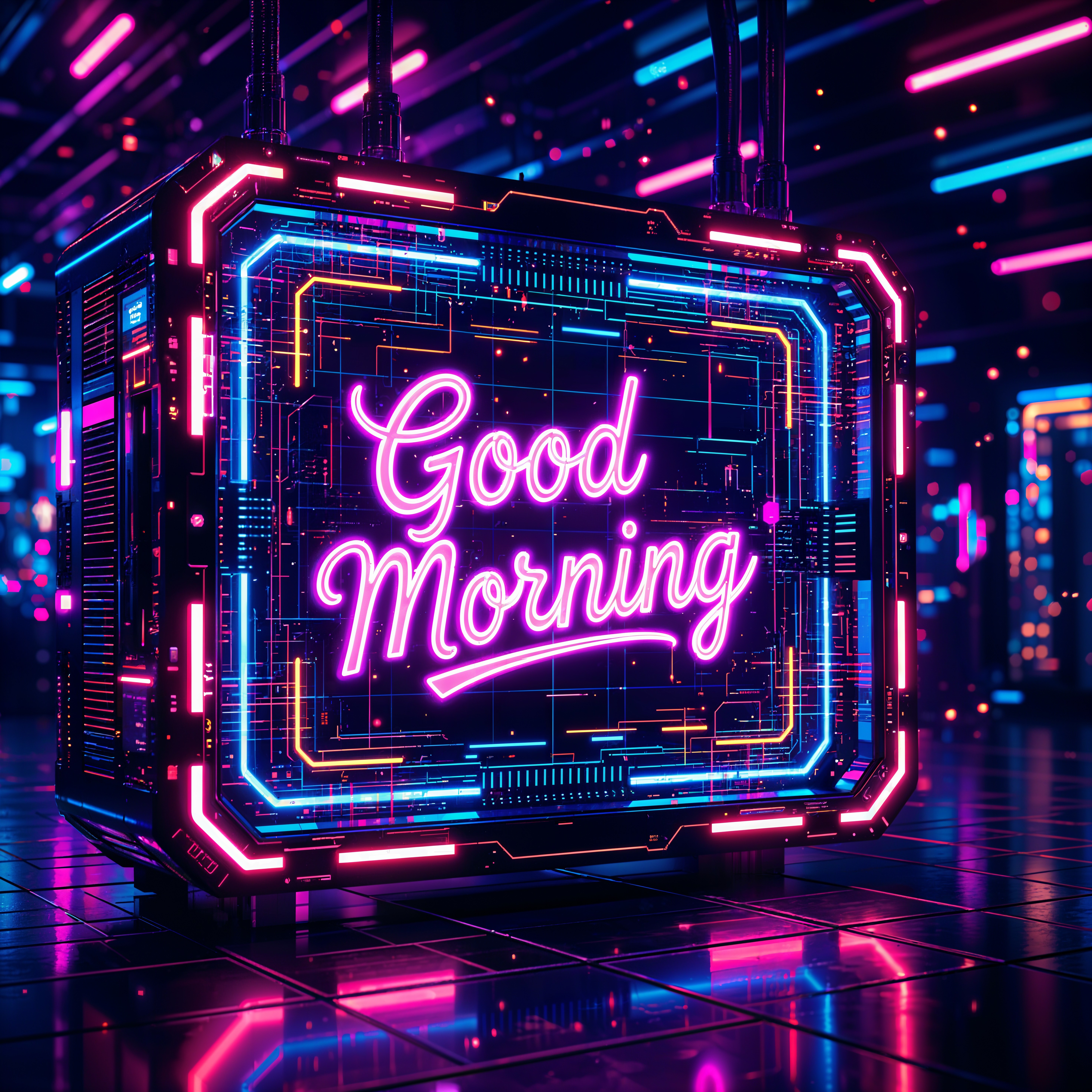 Neon Sign with "Good Morning" in Futuristic Setting