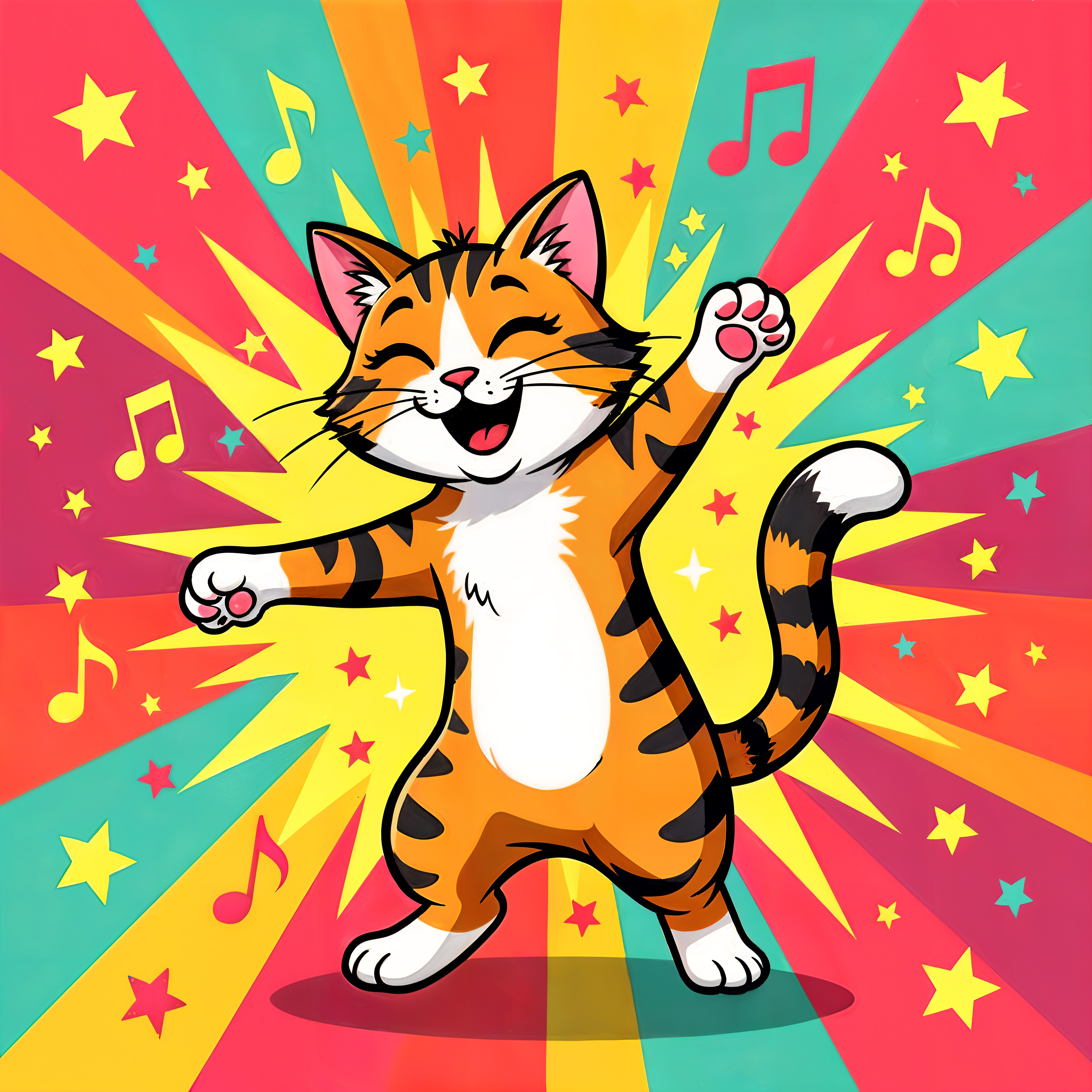 Cheerful Cartoon Cat Dancing with Colorful Background