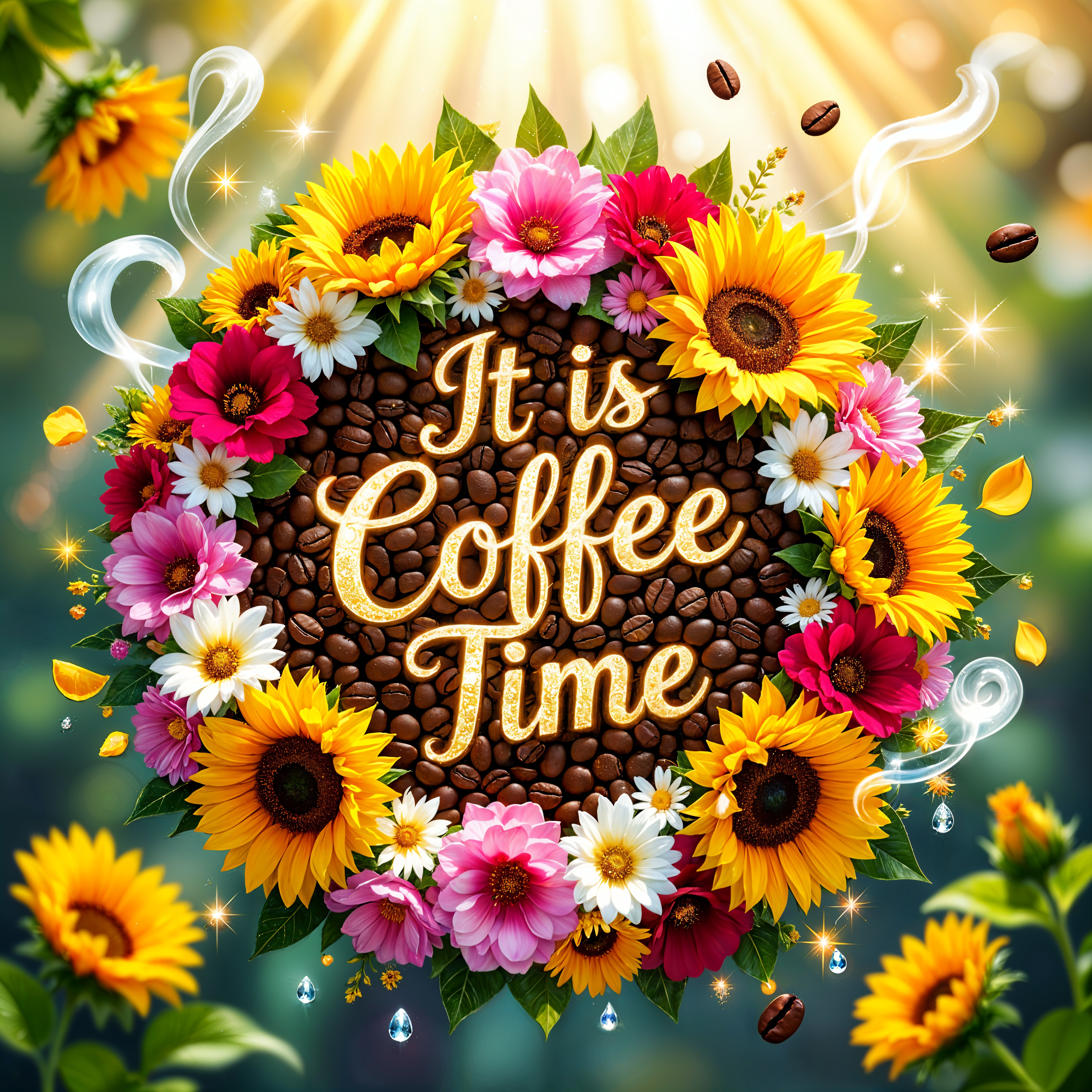 Circular Floral Arrangement with Coffee Time Text