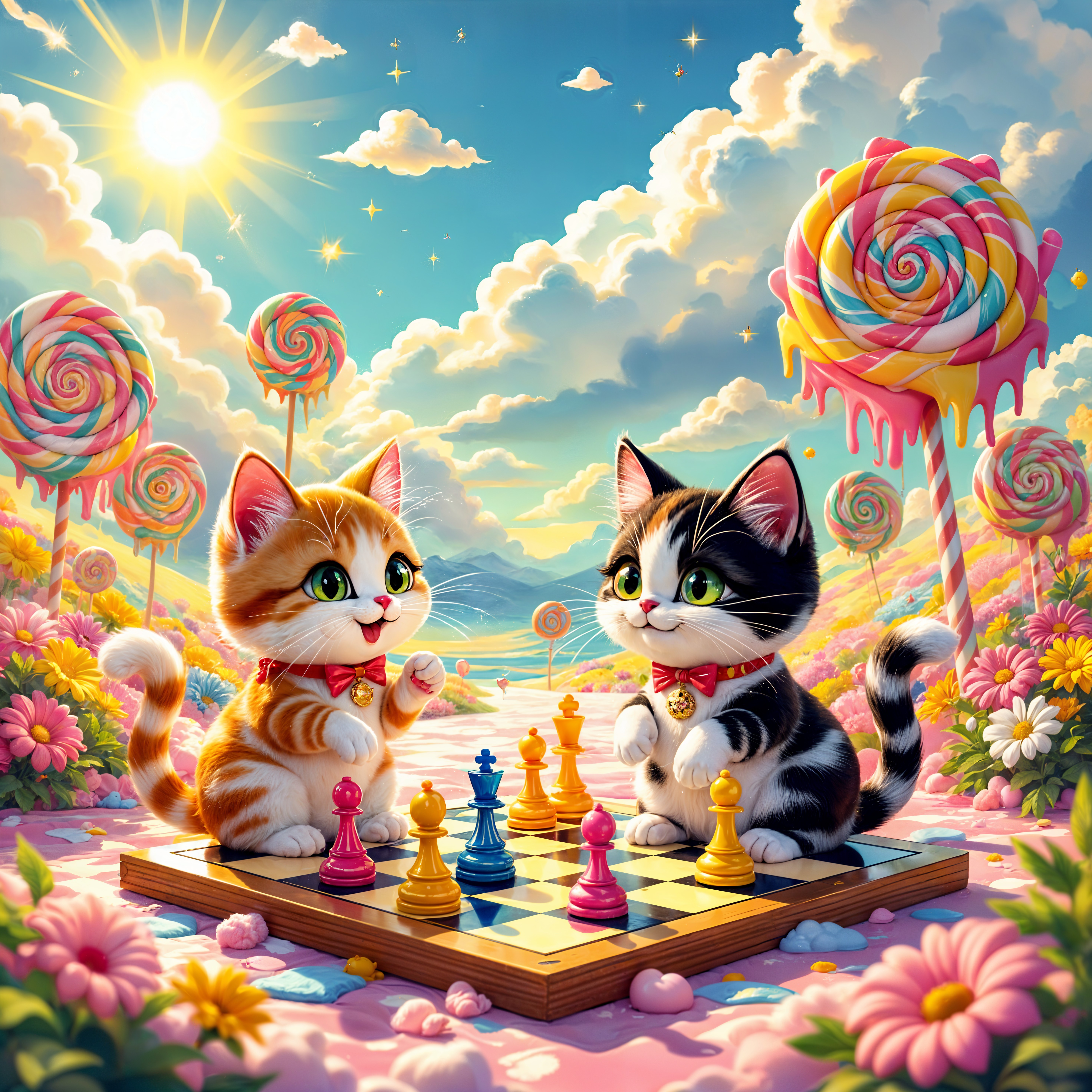 Kittens Playing Chess in a Colorful Candy Landscape